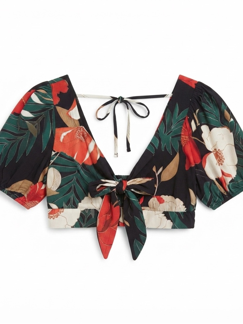 En Creme Black Floral Tie-Front Crop Top, Green/Red Leaves size Large Never Worn